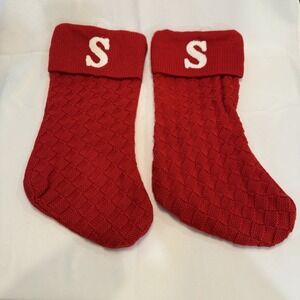 Knit Monogram Christmas Stocking Red With White Letter " S " Initial Set of 3